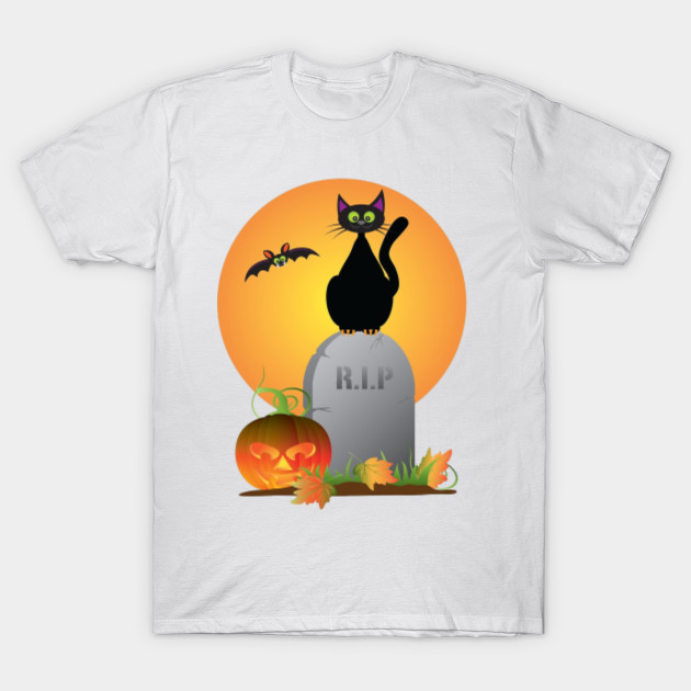 Halloween Black Cat Stting on Tombstone Illustration T-Shirt-TOZ